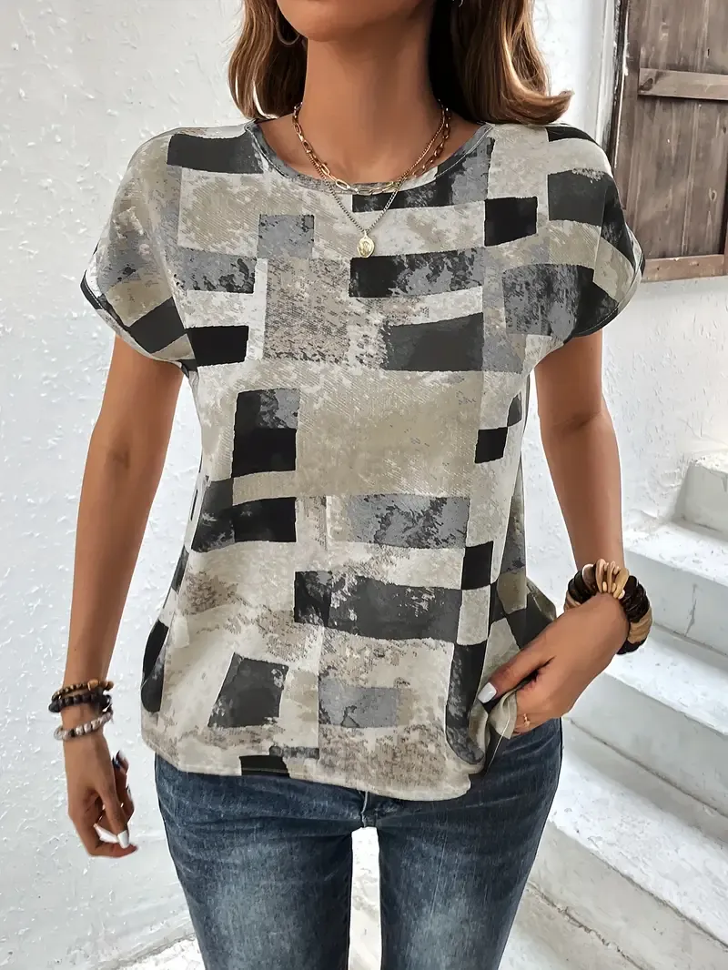 Graphic Print Crew Neck T-shirt, Short Sleeve Aztec Print Tops, Women's Clothing