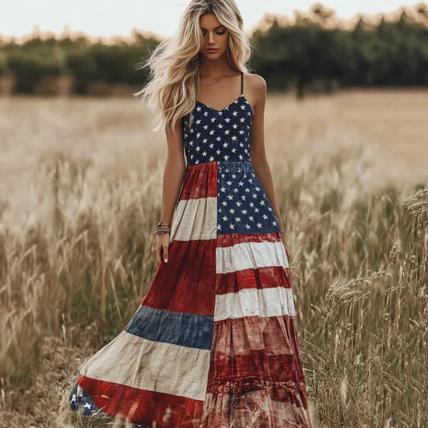 Women's Vintage Independence Day Flag Art Slip Dress