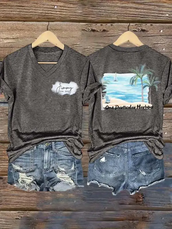 V Neck Retro Harbour Palm Trees Print T-Shirt