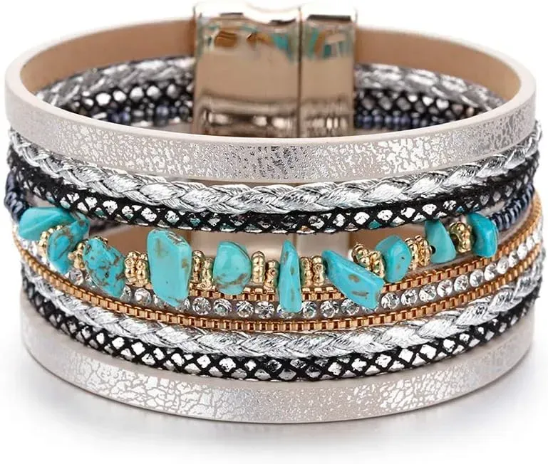 Fesciory Leather Wrap Bracelets for Women, Boho Leopard Multi-Layer Crystal Beads Cuff Bracelet Jewelry