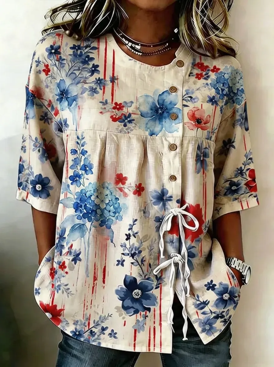 Women's Nashville Floral Watercolor Printed Button-Down Top