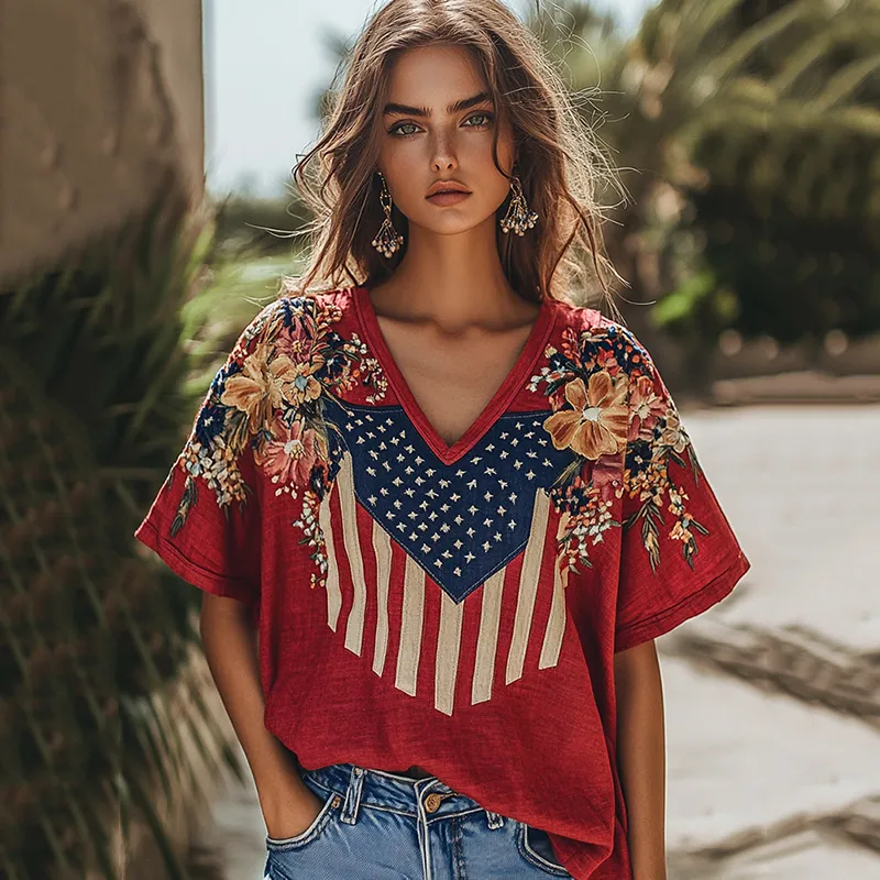 Women's Independence Day Flag Flower Embroidered Art Linen T-shirt