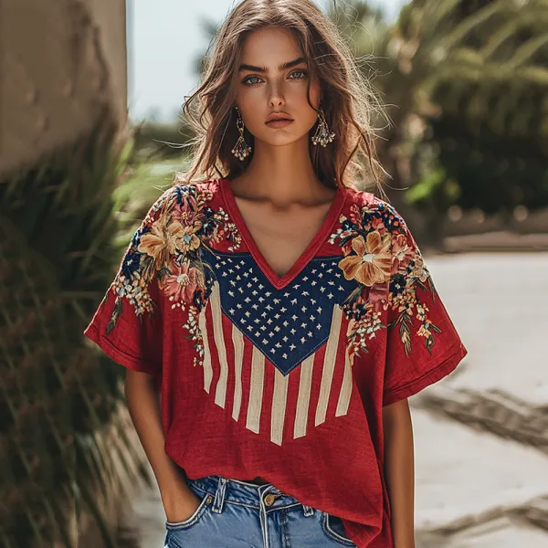 Women's Independence Day Flag Flower Embroidered Art Linen T-shirt