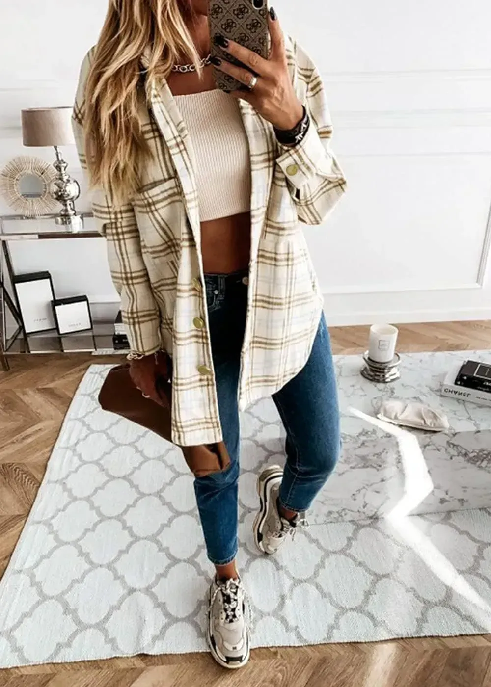 Women's 2023 Fall Clothes Plaid Shacket Jacket Long Sleeve Button Down Flannel Shirts Fashion Blouse