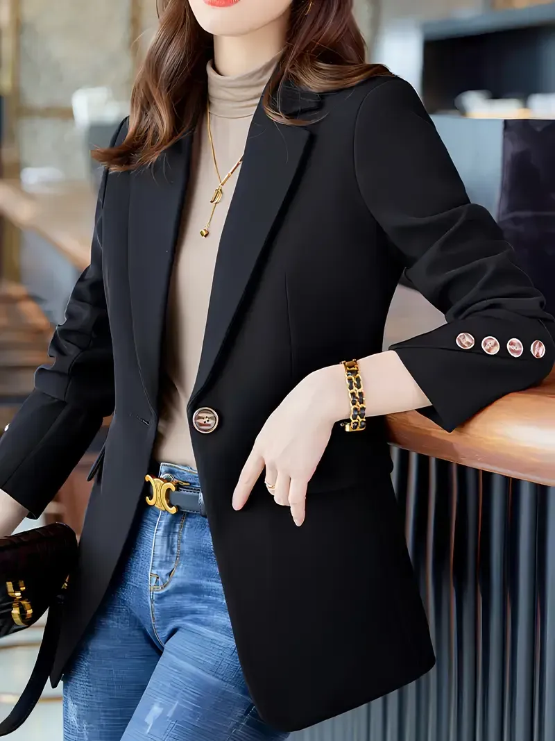 Notched Collar Button Front Blazer, Elegant Long Sleeve Blazer For Office & Work, Women's Clothing