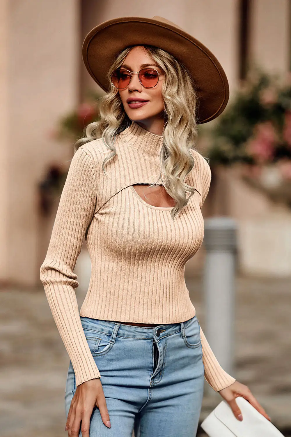 Two Piece Cutout Mock Neck Rib Knit Fitted Pullover Sweater