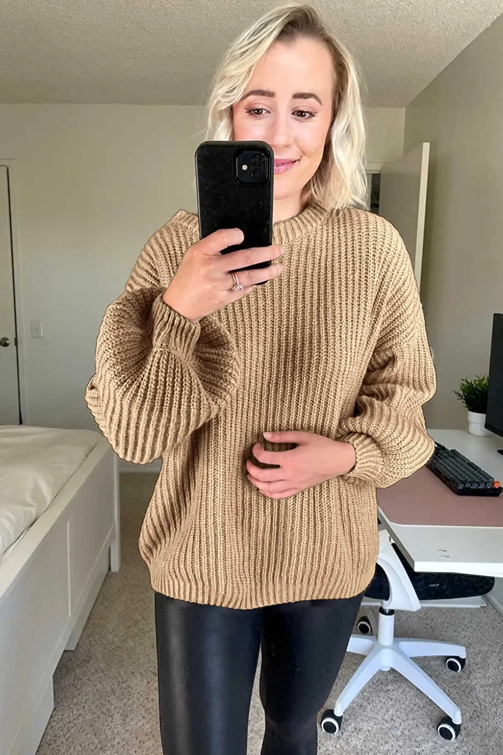 Women's Crew Neck Loose Drop Shoulder Lantern Sleeve Casual Solid Color Knit Pullover Sweater