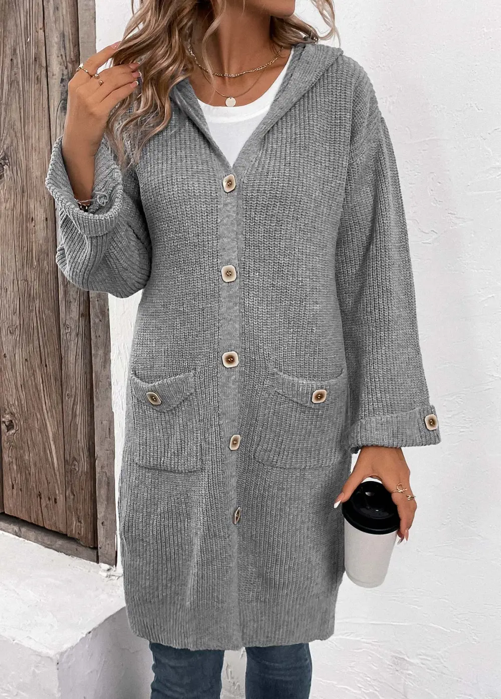 Grey Button Long Sleeve V Neck Cardigan