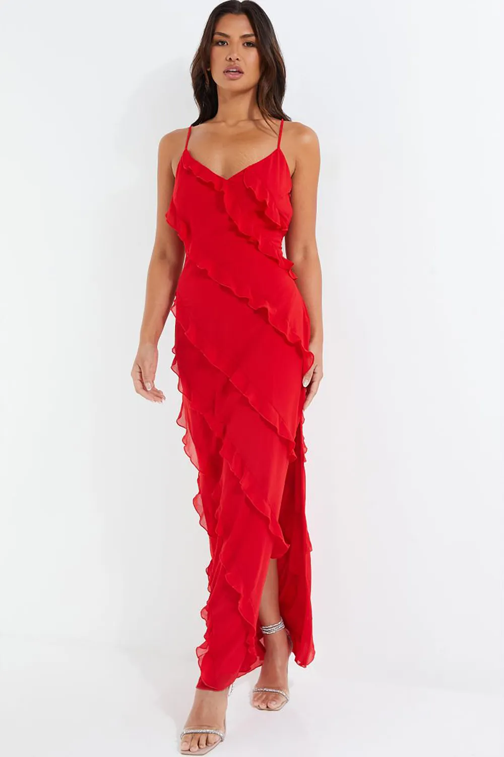 RED CHIFFON RUFFLE MAXI DRESS