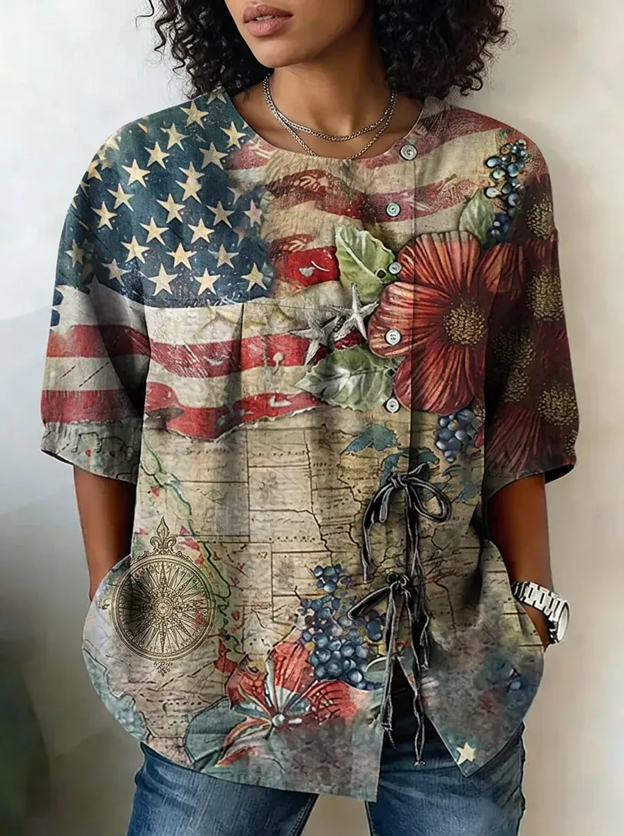 Women's Nashville USA Flag Floral Map Printed Button-Up Top