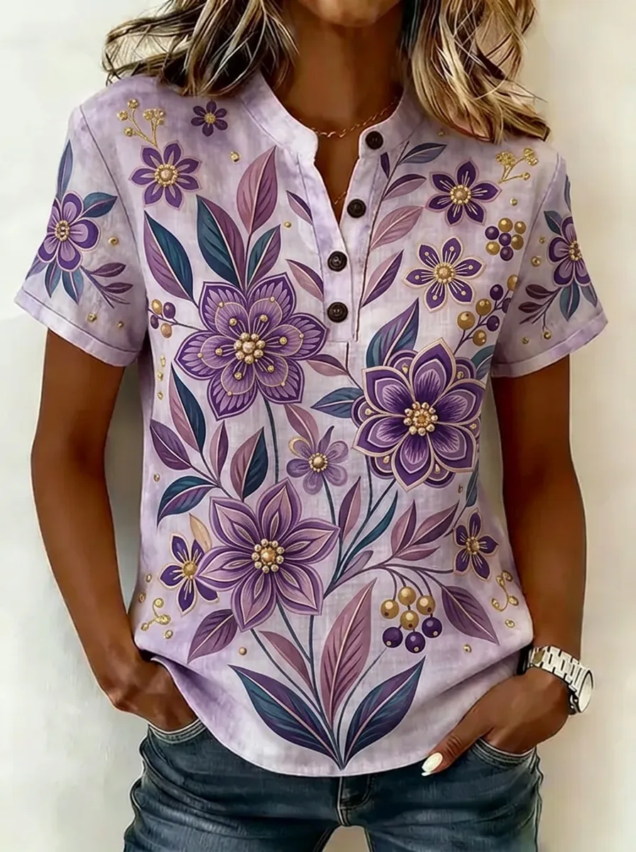 Women's Nashville Floral Botanical Printed Henley Shirt