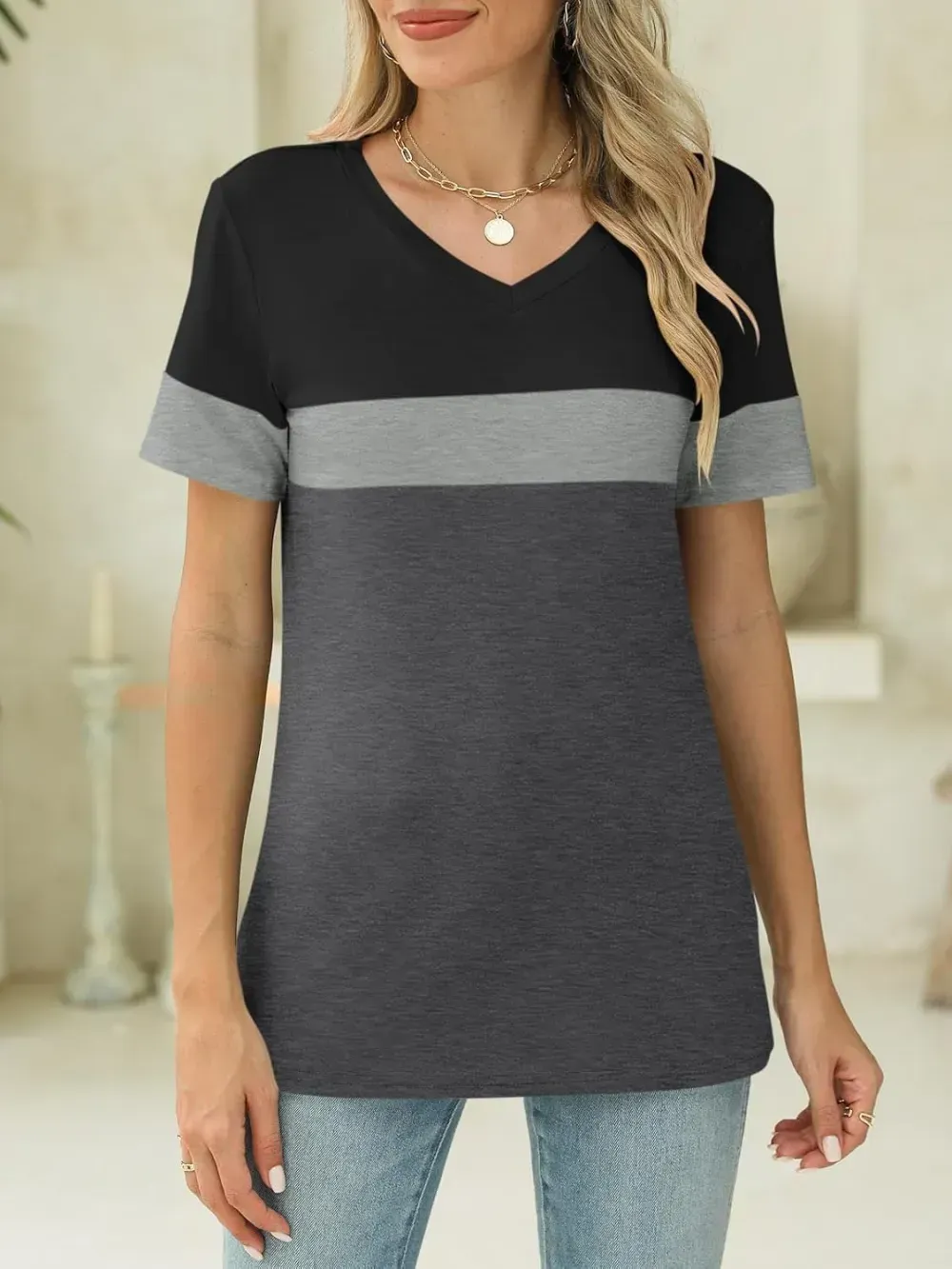 ORANDESIGNE Women's Color Block Short Sleeve T Shirts Casual V Neck Summer Tops Tees Loose Fit Blouses