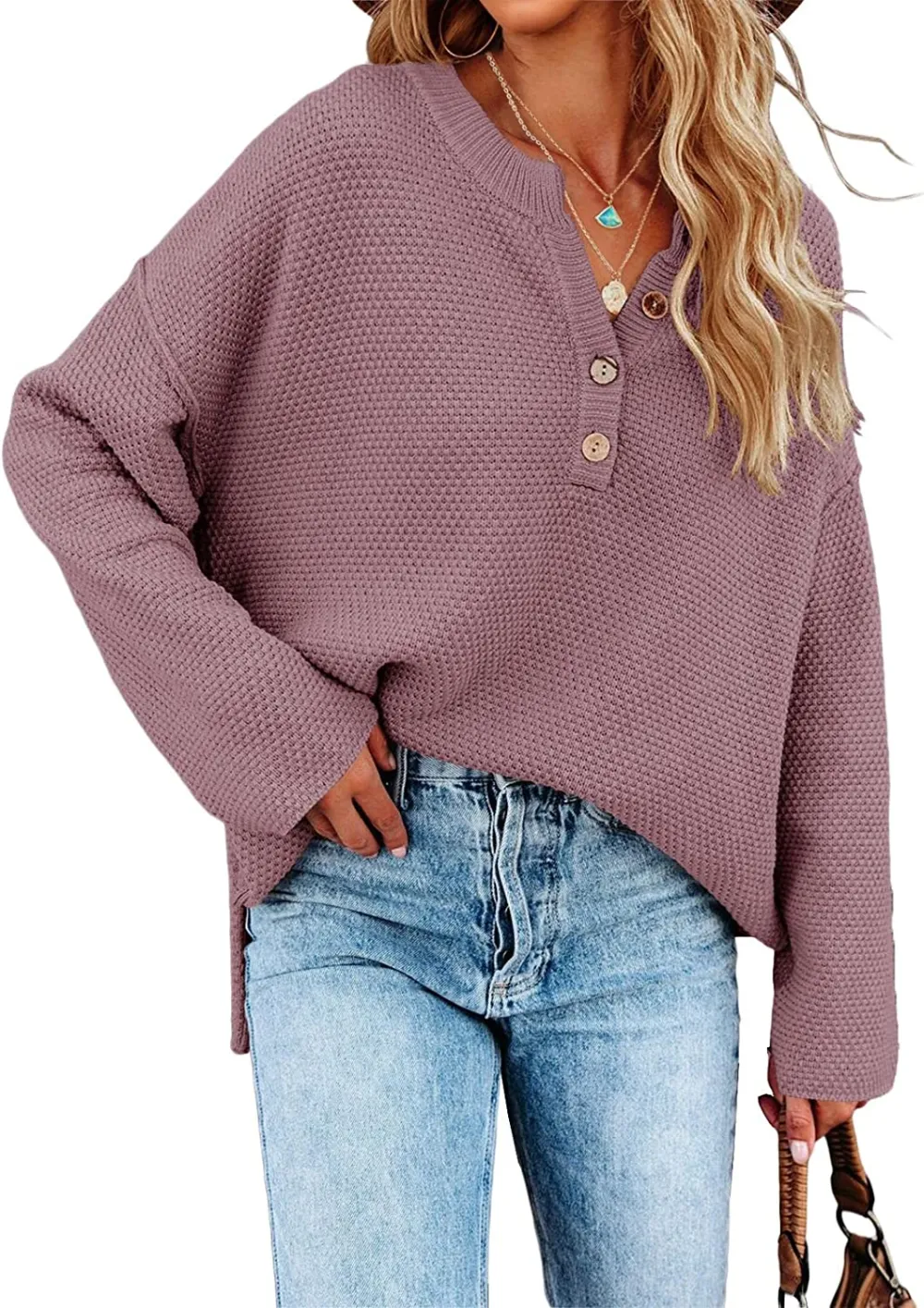 Women's Oversized Sweaters Batwing Long Sleeve Loose V Neck Button Henley Tops Pullover Knit Jumper