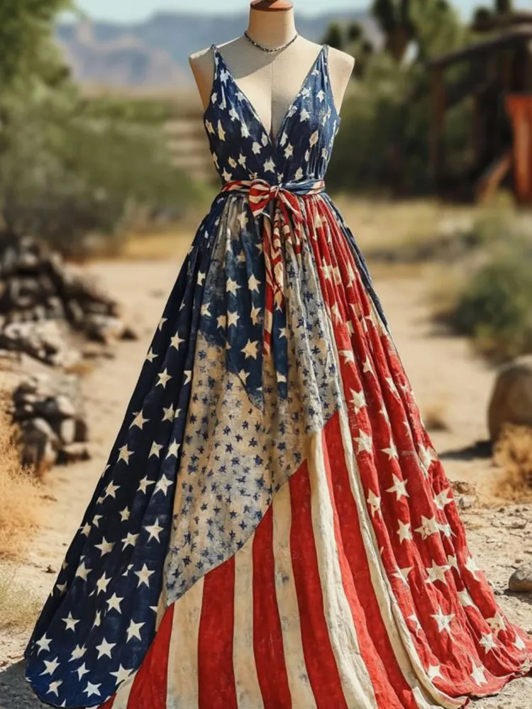 Women's Vintage Independence Day Flag Sleeveless Maxi Dress