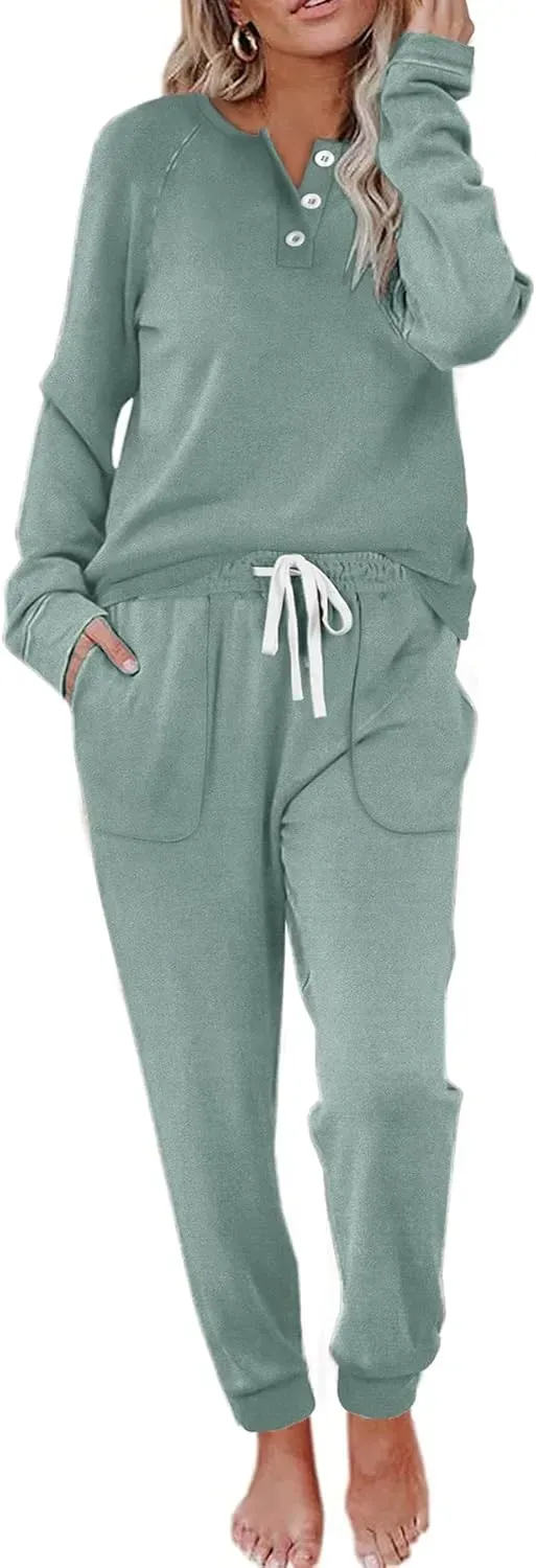 Two Piece Outfits for Women Lounge Sets Button Down Sweatshirt Sweatpants Sweatsuits Set with Pockets
