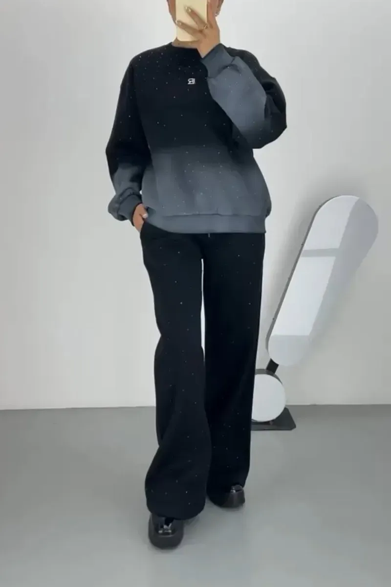 Women's Casual Rhinestone Embellished Ombre Crew Neck Top and Pants Two-Piece Set