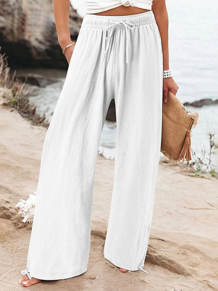 Women'S Solid Color Multi-Color Elastic Waist Loose Pocket Casual Pants