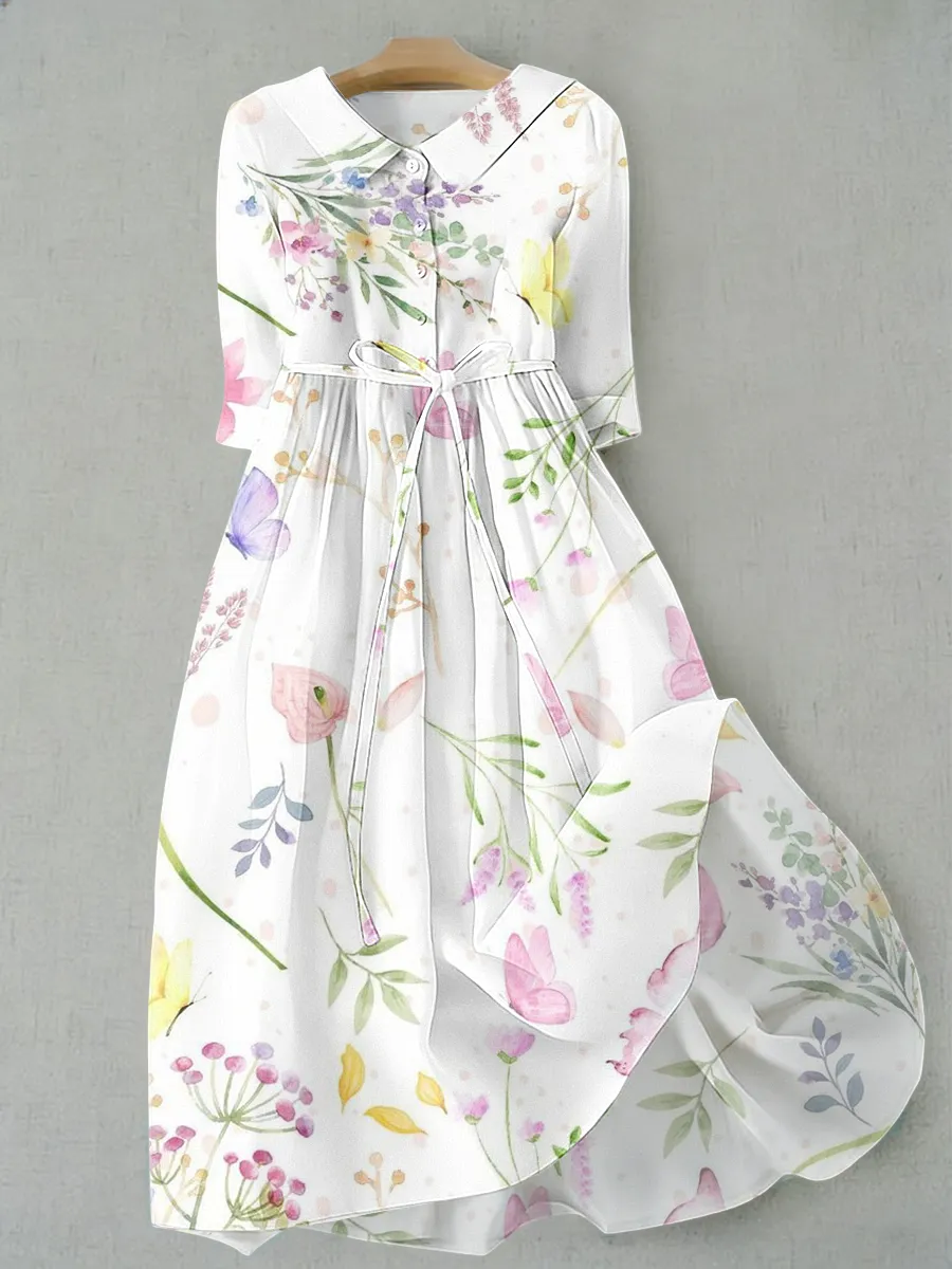 Women's Casual Flower Design Lace Up Pocket Dress