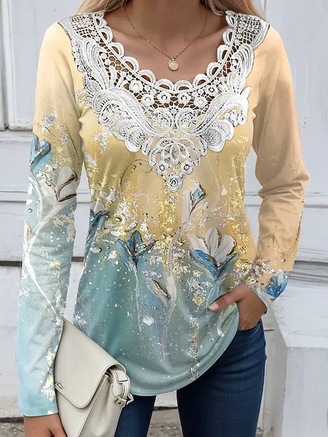 Women's Shirt Blouse Fashion Floral Lace Print Long Sleeve Regular Tops V Neck Casual Holiday Black White Yellow Pink Red Spring &  Fall