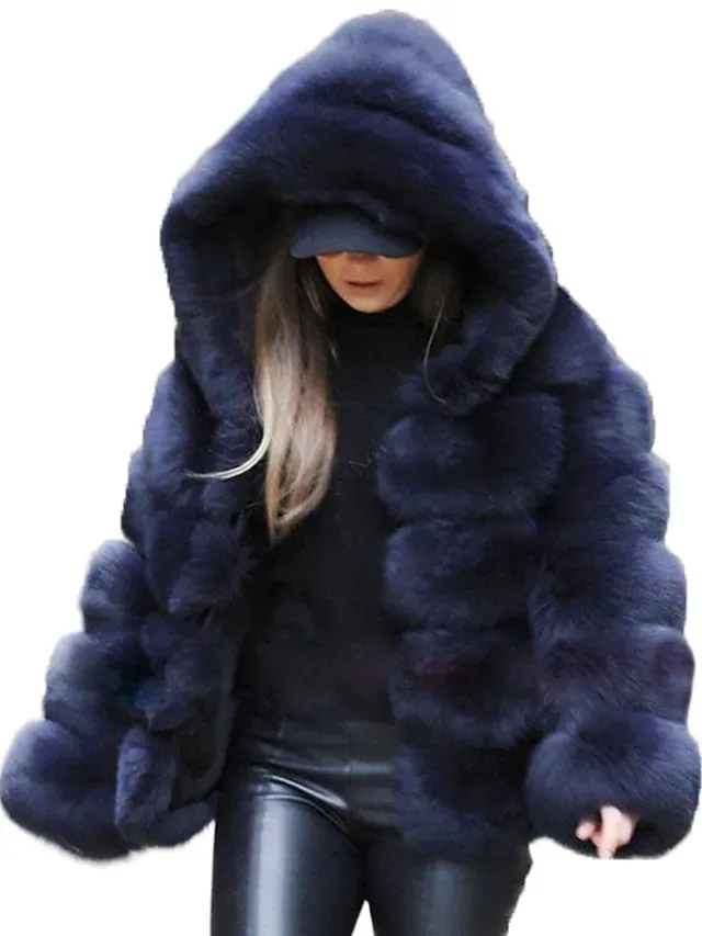 Women's Faux Fur Coat Regular Oversized Coat Sapphire Black Wine Dark Green khaki Party Party Fall Hoodie Regular Fit S M L XL XXL 3XL / Daily