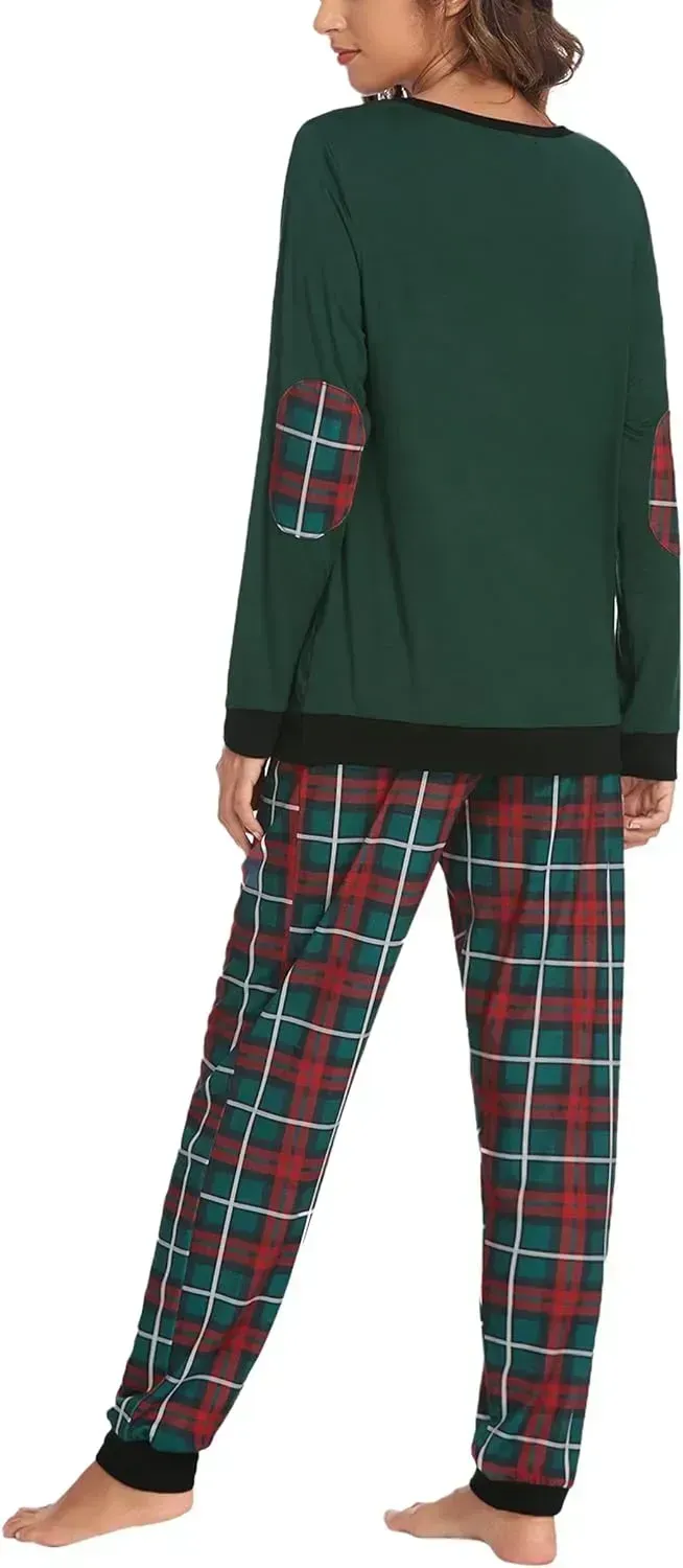 Women's Pajamas Sets Long Sleeve with Plaid Pants Soft Sleepwear O Neck 2 Piece Pjs Joggers Loung Set with Pockets