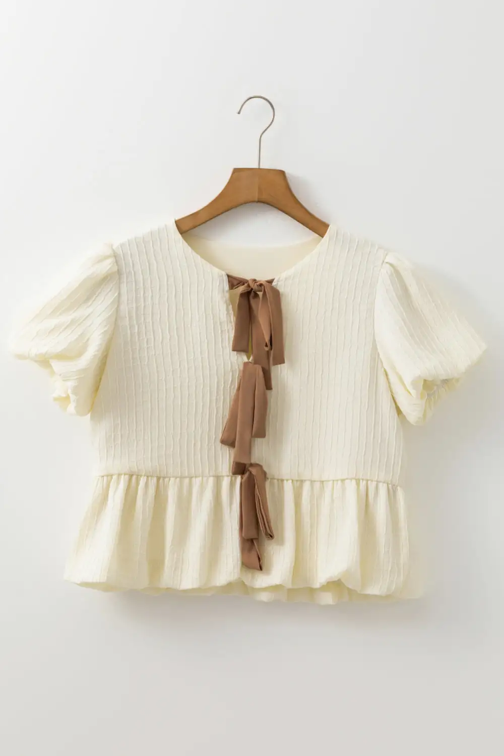 Bow Detail Textured Puff Sleeve Blouse