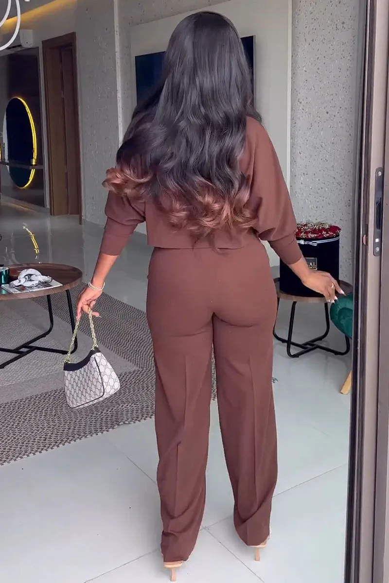 Long Sleeve Button Shirt Cut Out Wide Leg Pants Matching Set-Brown