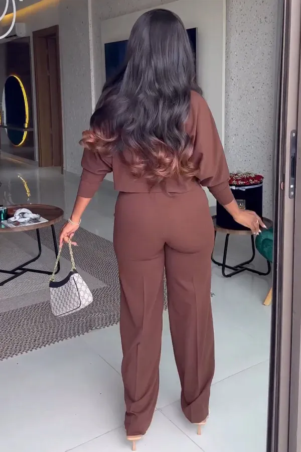 Long Sleeve Button Shirt Cut Out Wide Leg Pants Matching Set-Brown