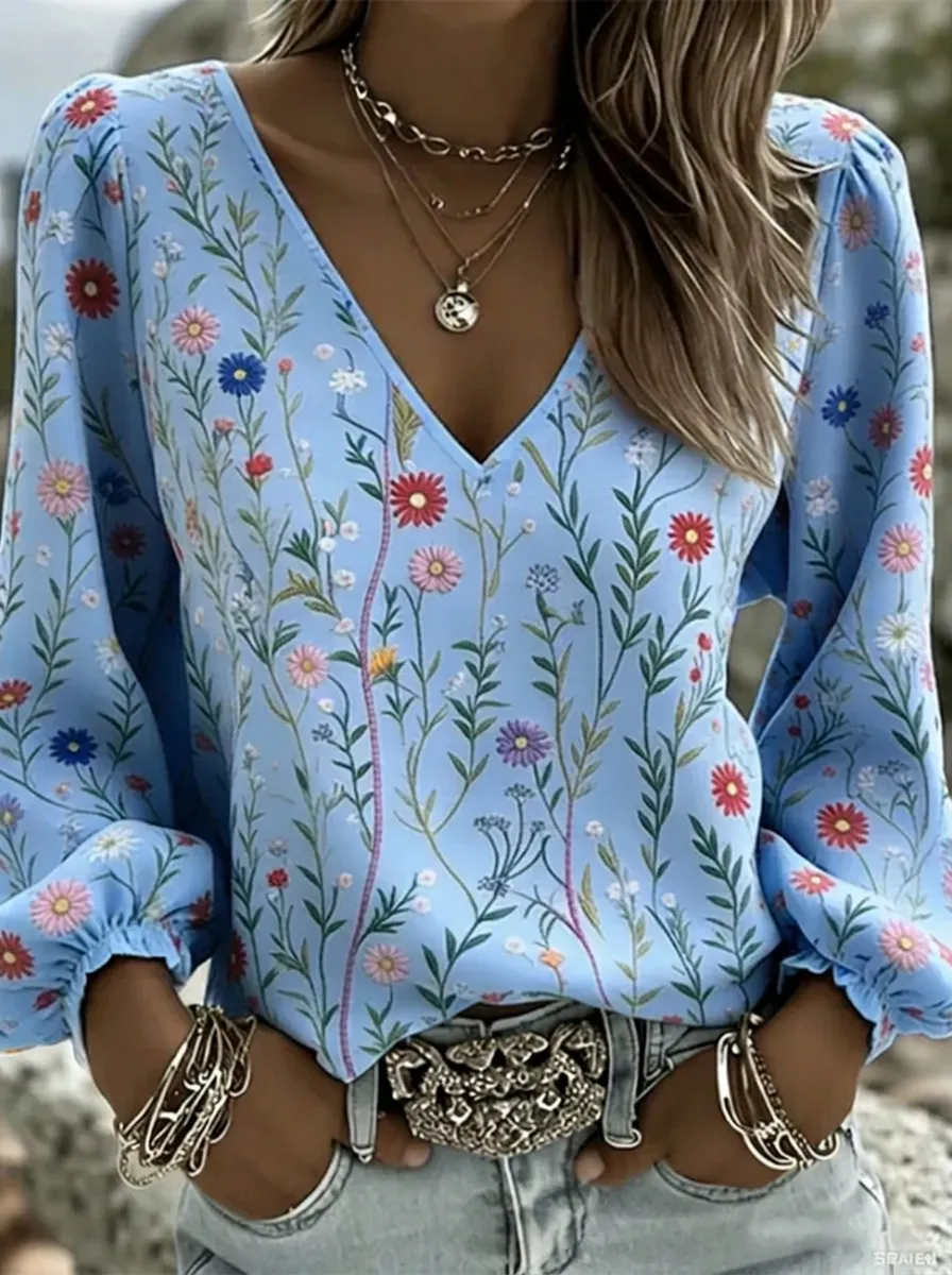Women's Nashville Floral Wildflower Printed V-neck Top