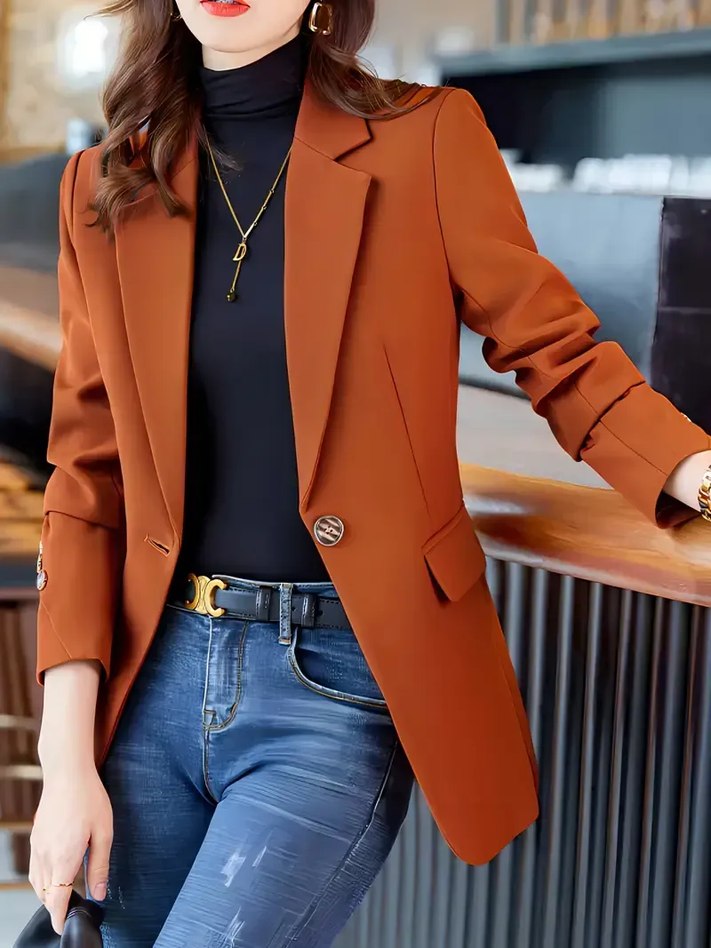 Notched Collar Button Front Blazer, Elegant Long Sleeve Blazer For Office & Work, Women's Clothing