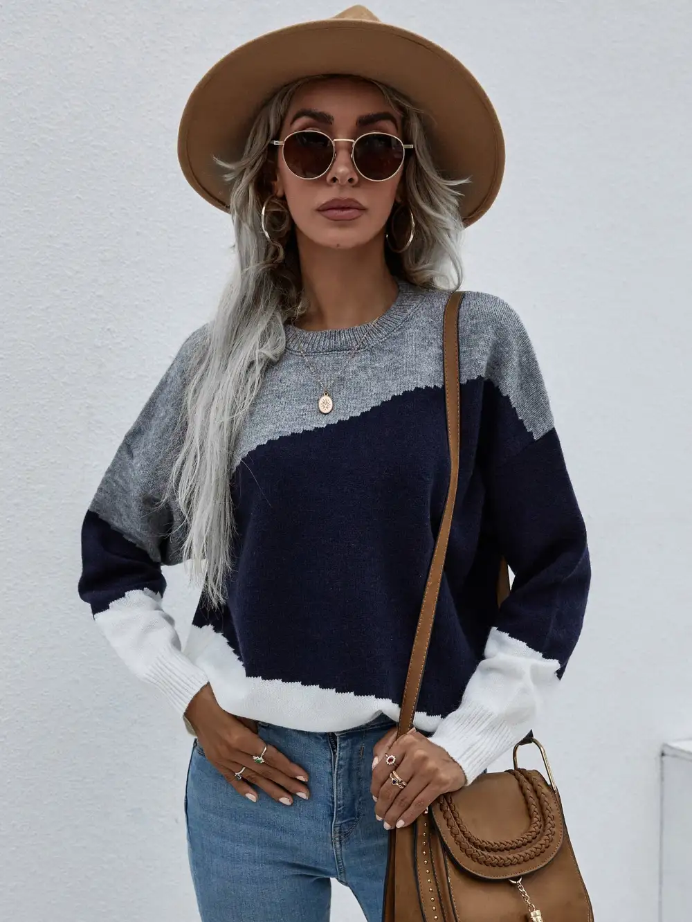 Color Block Dropped Shoulder Pullover Sweater