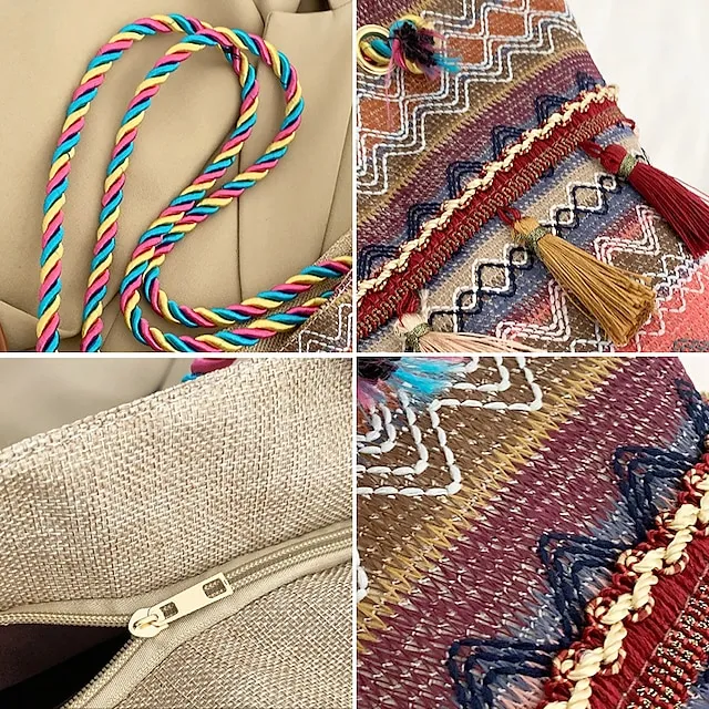 Women's Tote Shoulder Bag Hobo Bag Straw Bag Polyester Holiday Beach Tassel Zipper Large Capacity Breathable Lightweight Color Block Patchwork Folk Red Blue Orange