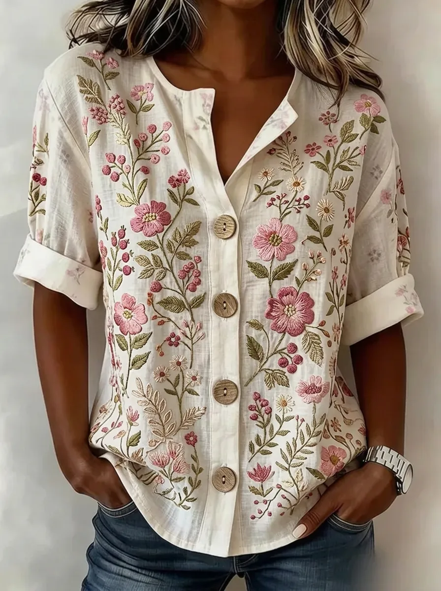 Women's Nashville Floral Botanical Embroidered Button-up Shirt