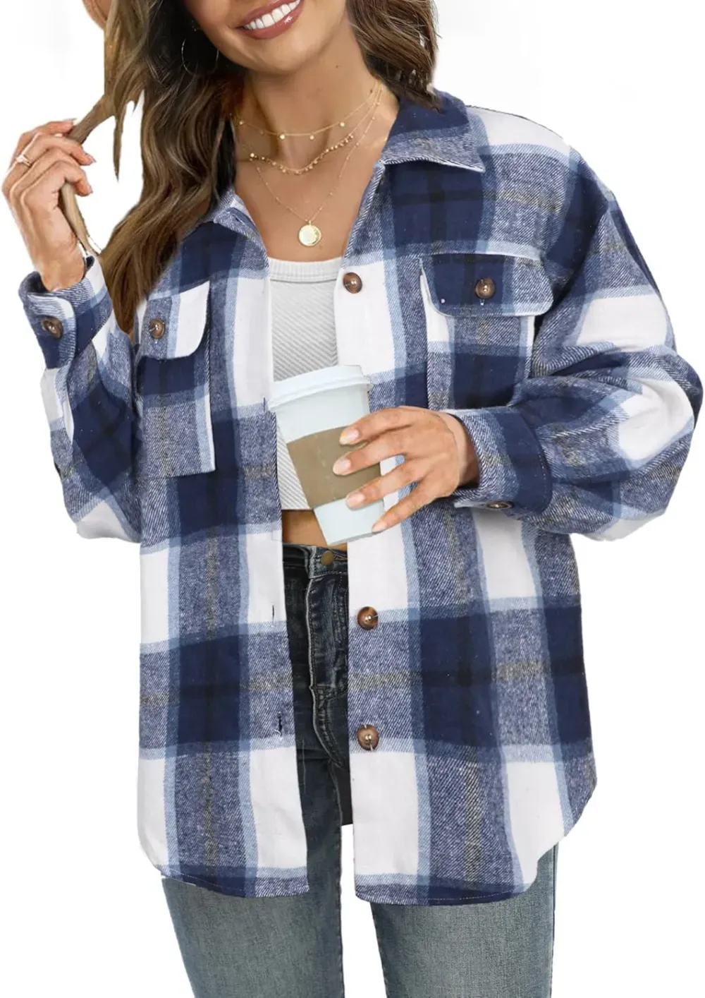 Women's Casual Plaid Flannel Shacket Jacket Oversized Button Down Long Sleeve Fall Shirts Jacket Lapel Coats Tops