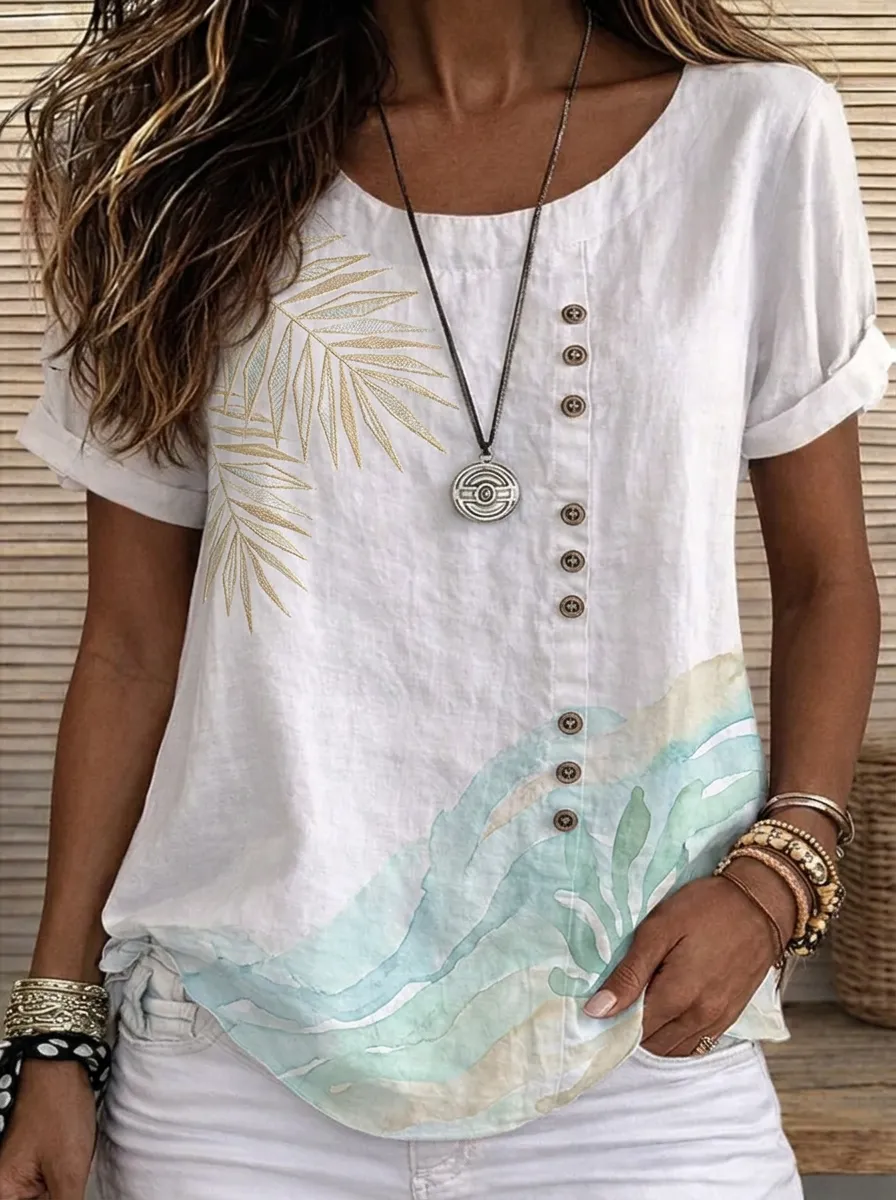 Women's Nashville Tropical Palm Leaf Watercolor Printed Button-Up Top