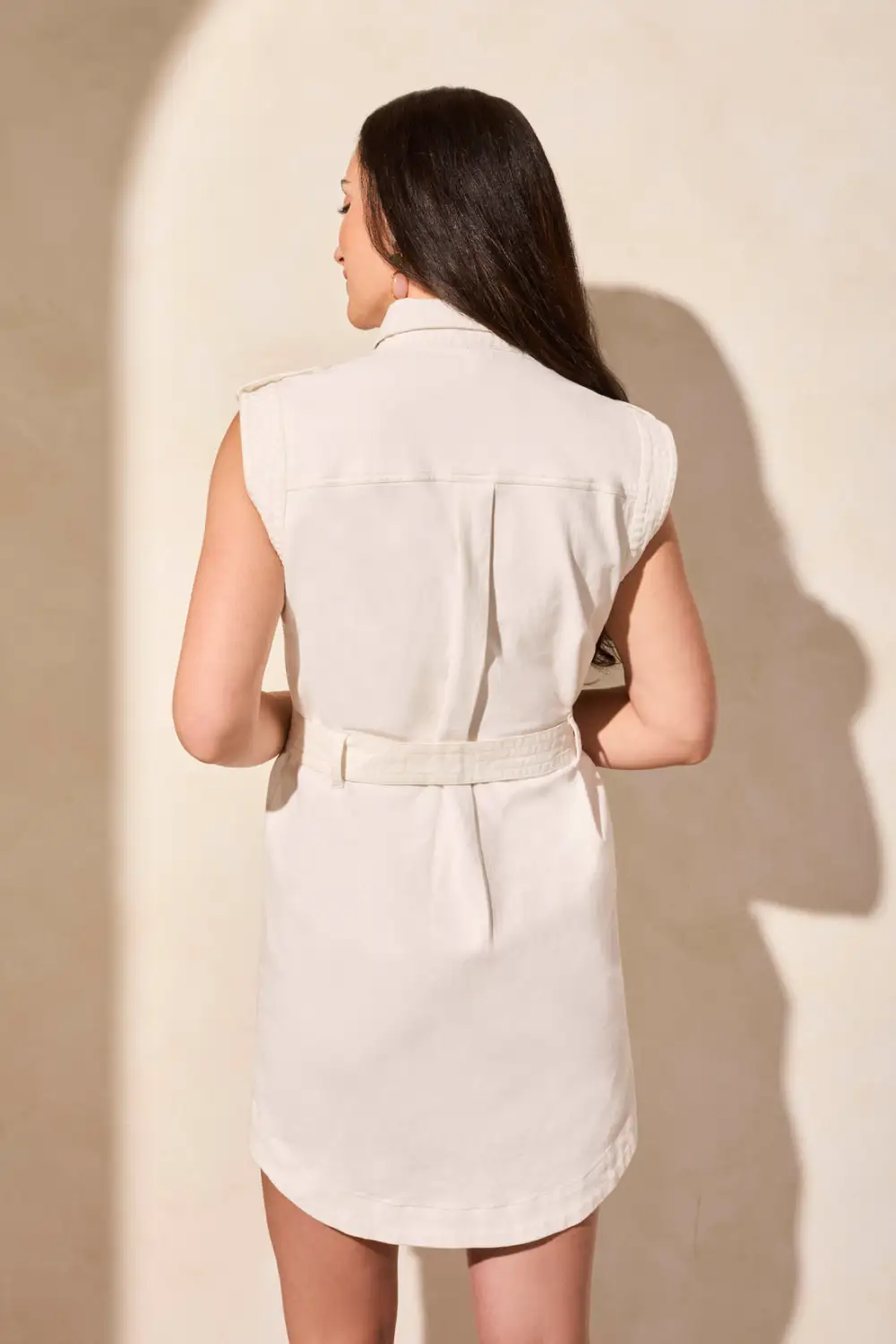 Stretch Twill Denim Sleeveless Cargo Shirt Dress-Cocomilk