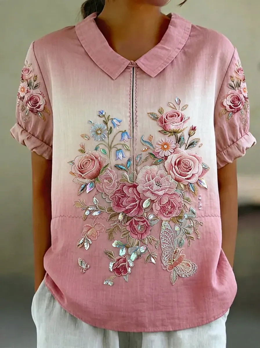 Women's Nashville Floral Rose Butterfly Embroidered Printed Top