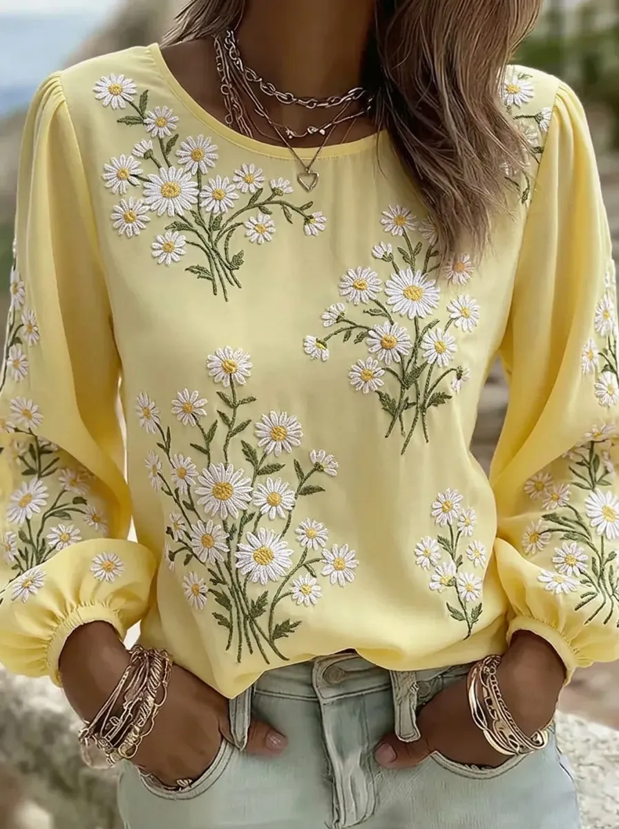 Women's Nashville Floral Daisy Embroidered Long Sleeve Top