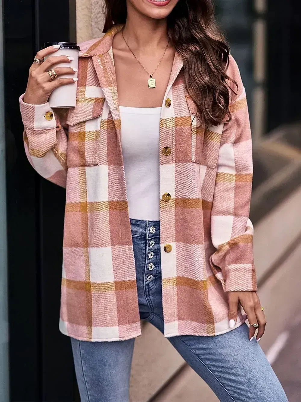 Women's 2023 Fall Clothes Plaid Shacket Jacket Long Sleeve Button Down Flannel Shirts Fashion Blouse