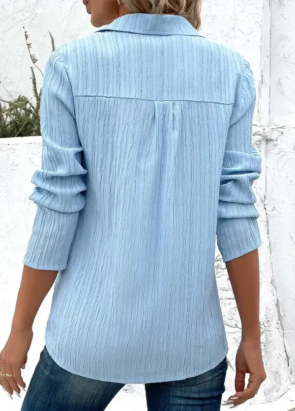 Light Blue Button 3/4 Sleeve Shirt Collar Blouse
