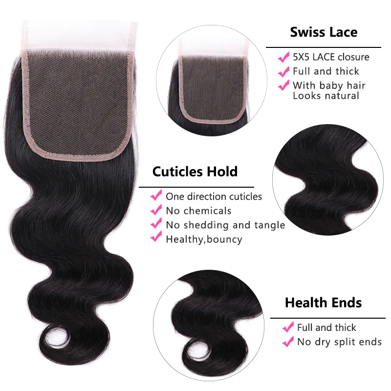 Sterly Body Wave Human Hair Bundles With  5x5 Lace Closure Remy Human Hair Bundles With Closure Frontal