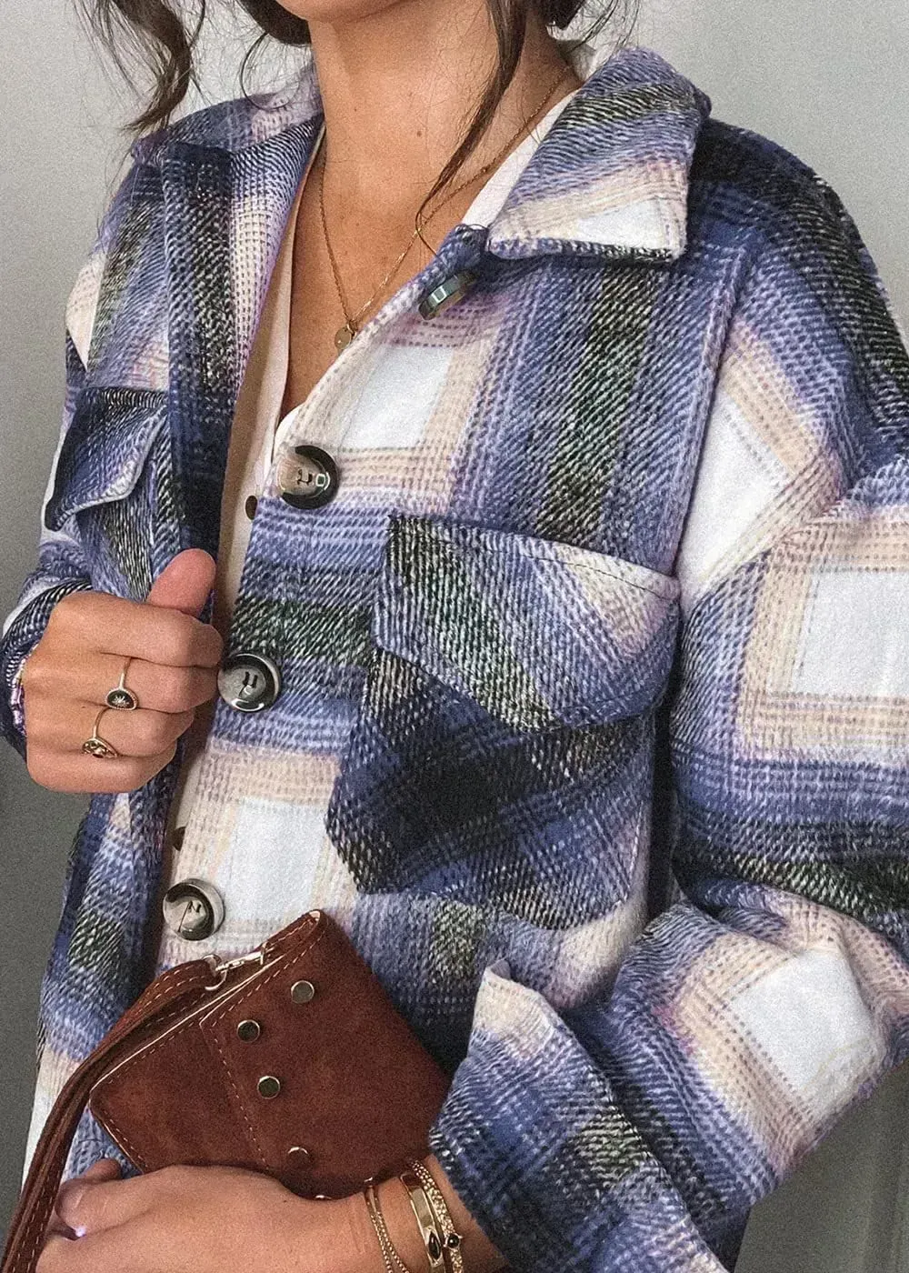 Women's 2023 Fall Clothes Plaid Shacket Jacket Long Sleeve Button Down Flannel Shirts Fashion Blouse