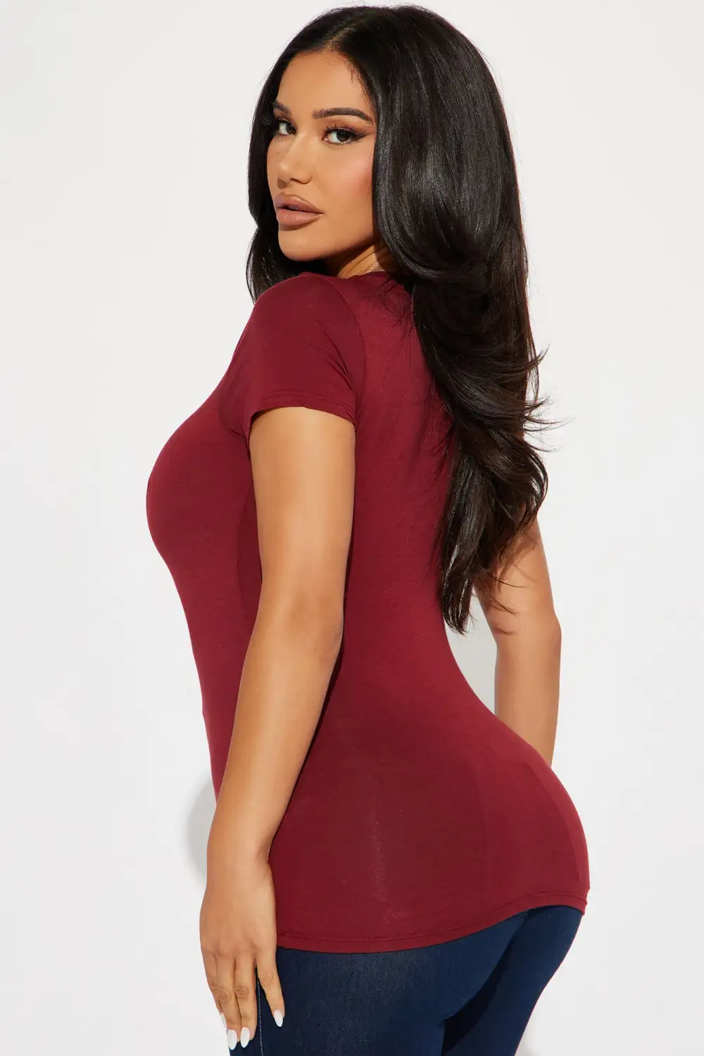 Jess V Neck Short Sleeve Top - Burgundy
