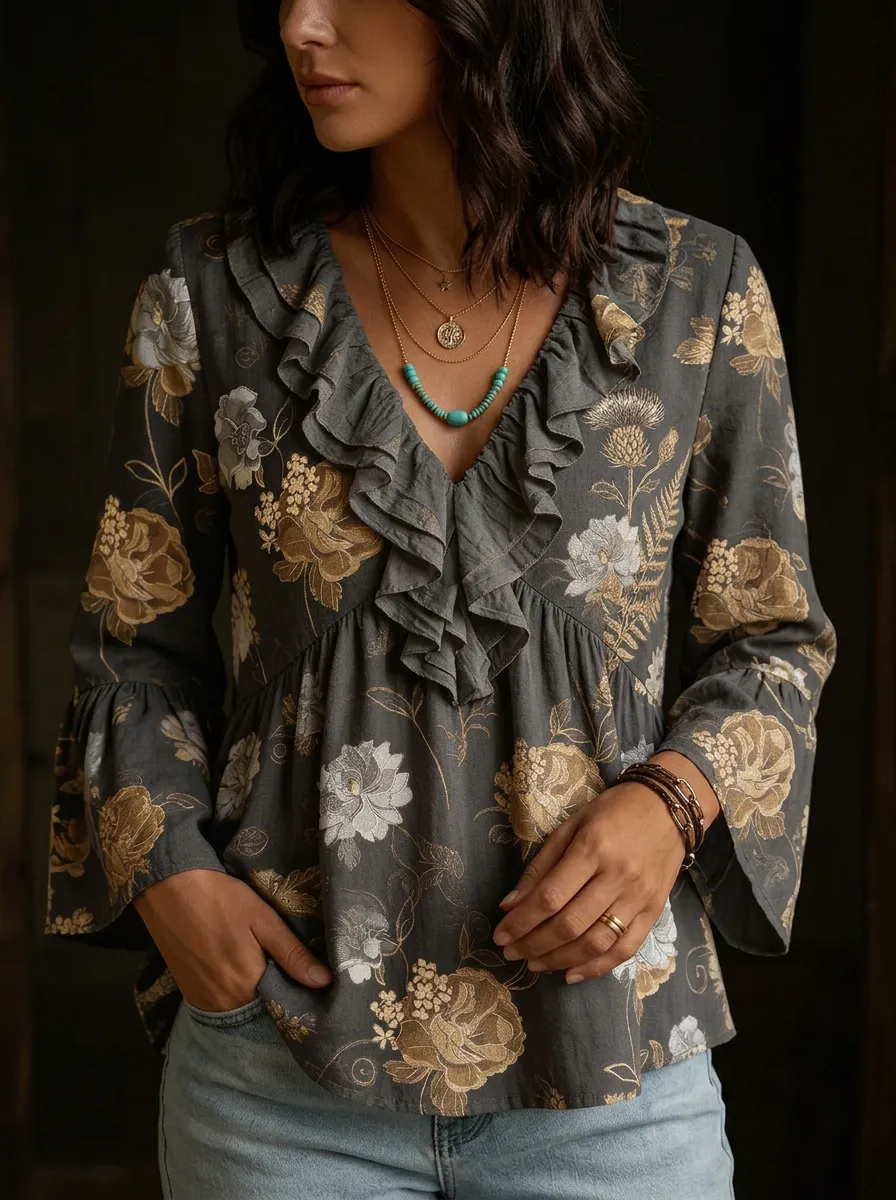Women's Nashville Floral Ruffle Printed Top