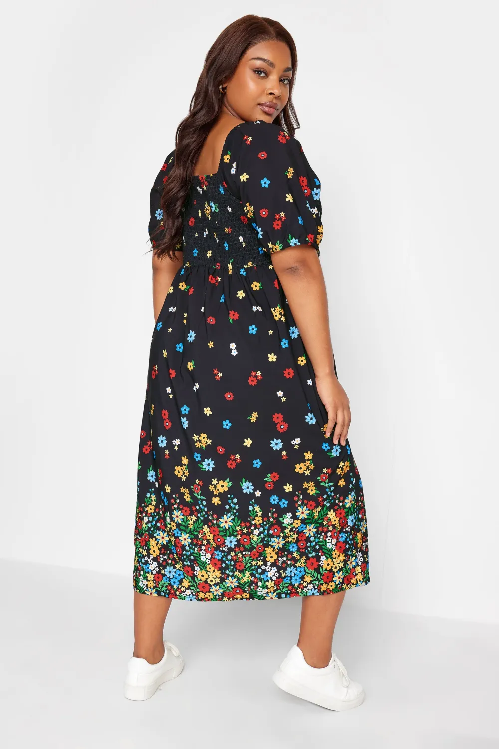YOURS Curve Black Floral Print Shirred Midi Dress