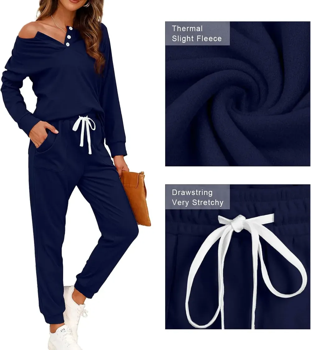 Two Piece Outfits for Women Lounge Sets Button Down Sweatshirt Sweatpants Sweatsuits Set with Pockets