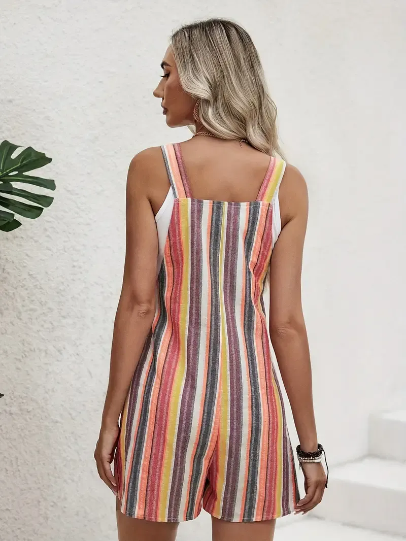 Striped Wide Strap Romper, Vacation Style Pockets Jumpsuit For Spring & Summer, Women's Clothing