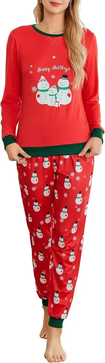 Women's Pajamas Sets Long Sleeve with Plaid Pants Soft Sleepwear O Neck 2 Piece Pjs Joggers Loung Set with Pockets