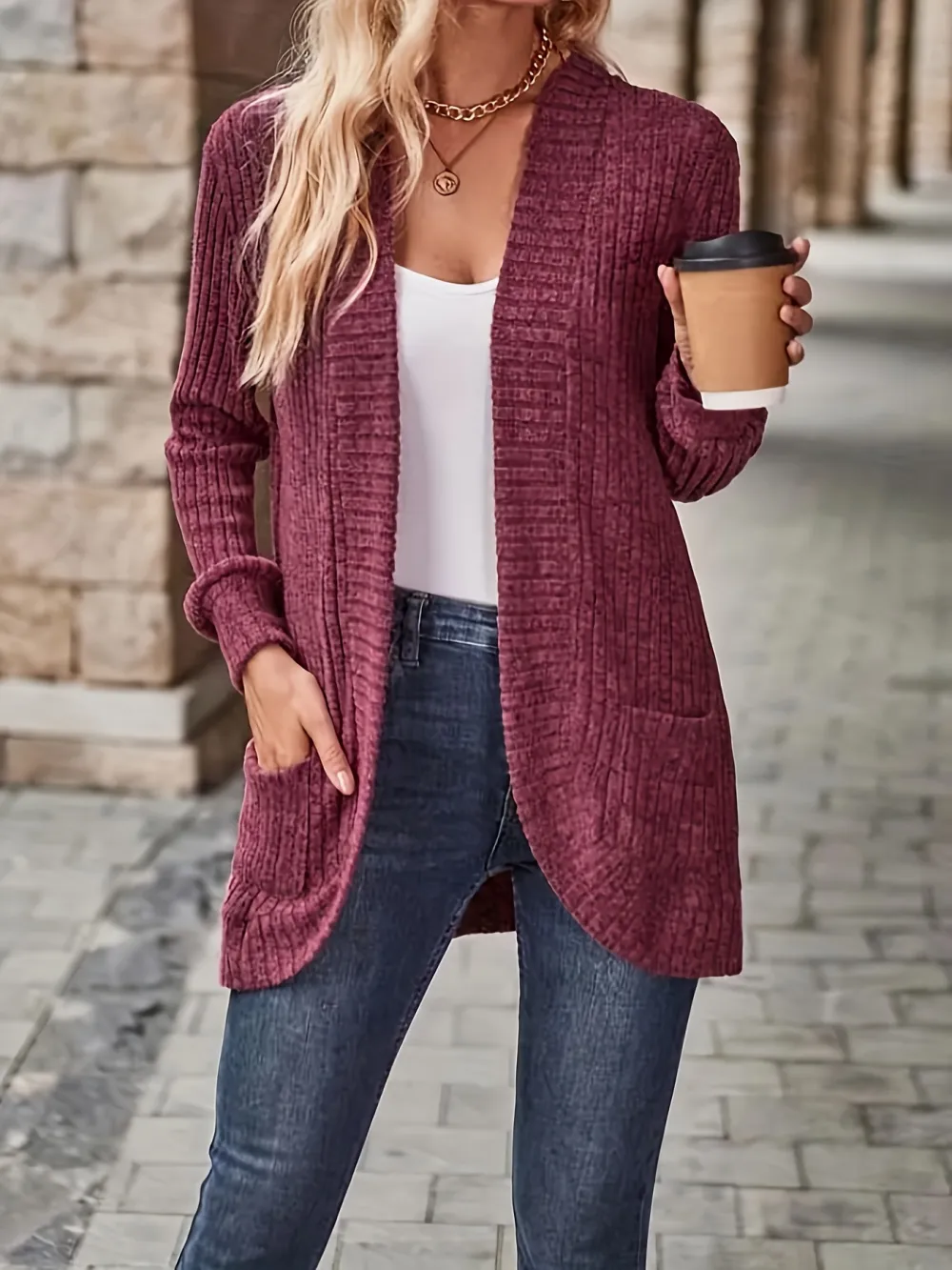 Relaxed Open Front Cardigan Casual Long Sleeve Drop