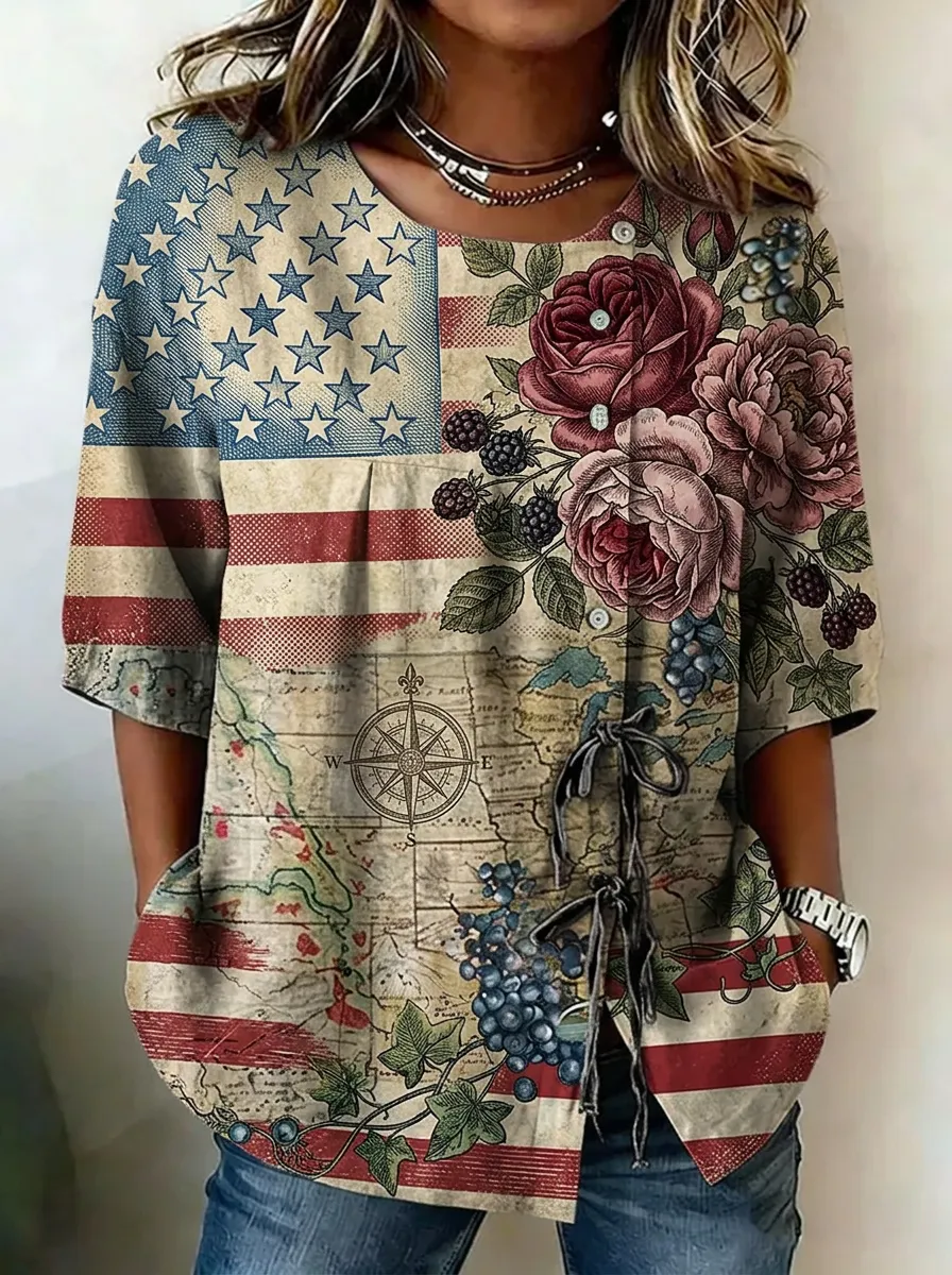 Women's Nashville USA Flag Floral Map Printed Button-up Top